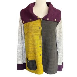 Margaret Winters Yellow Burgundy L/S Cowl Neck Cardigan S Whimsical Lagenlook